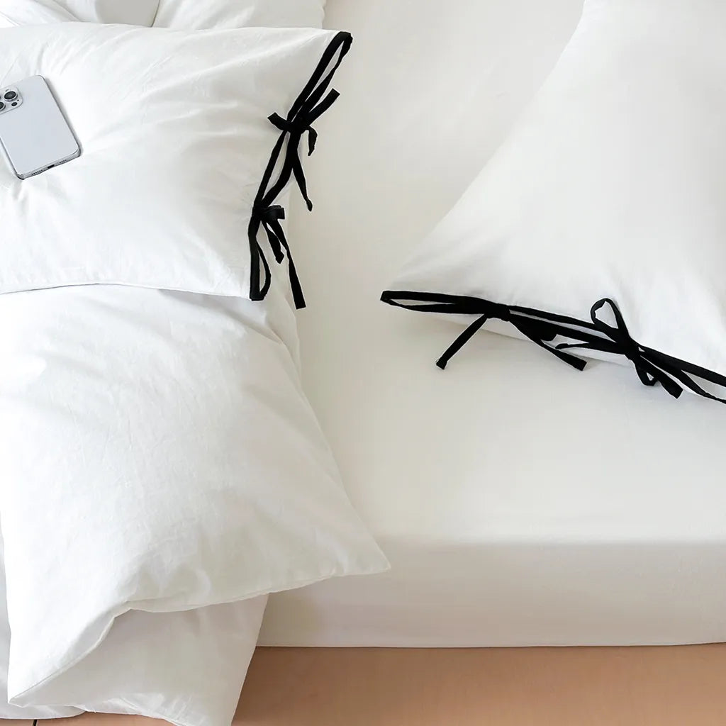 Contrast Bow Cotton Duvet Cover Elegant Bedroom Bedding