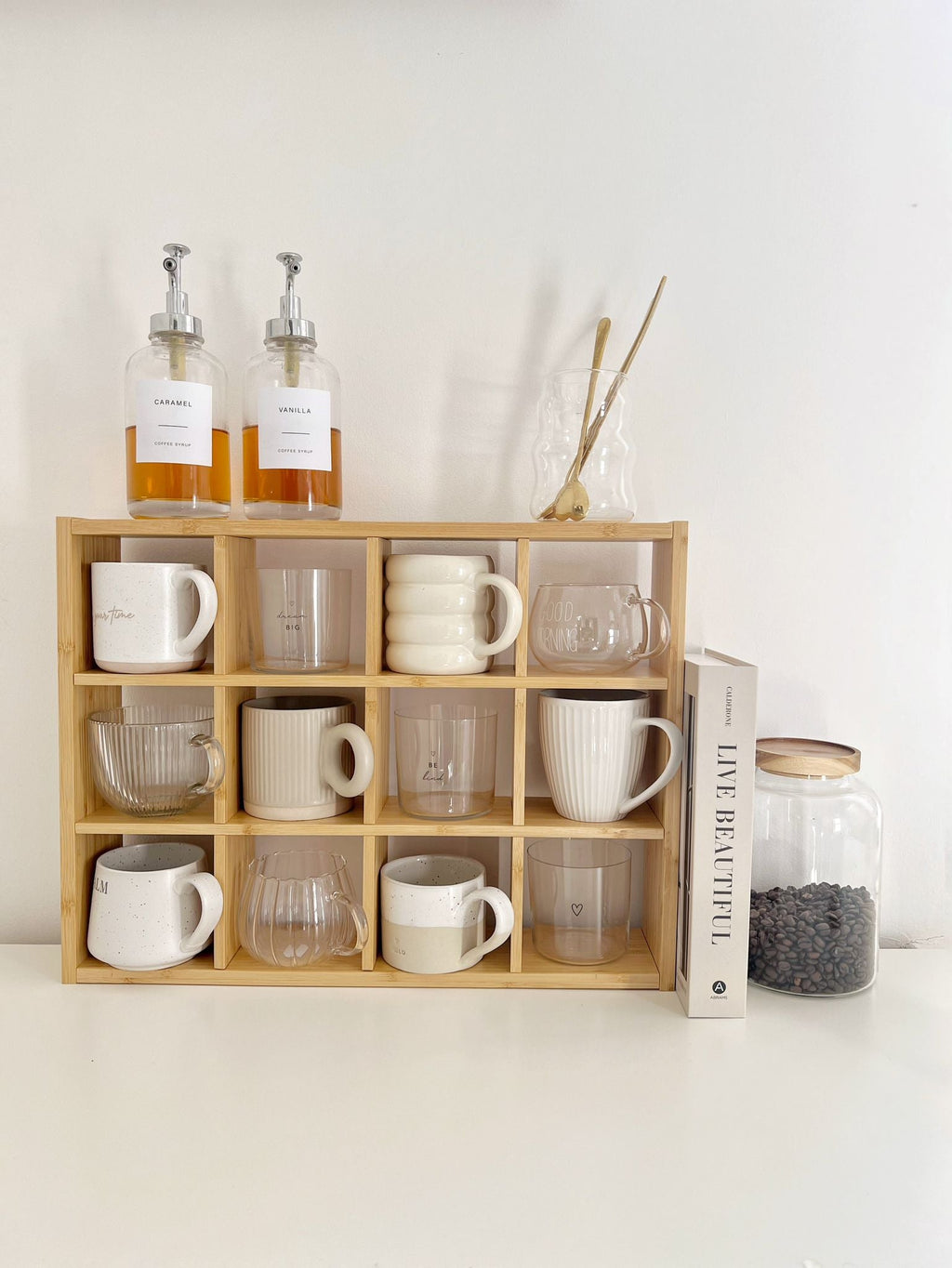 Wooden Mug Display Shelf Unit Kitchen Storage Organiser