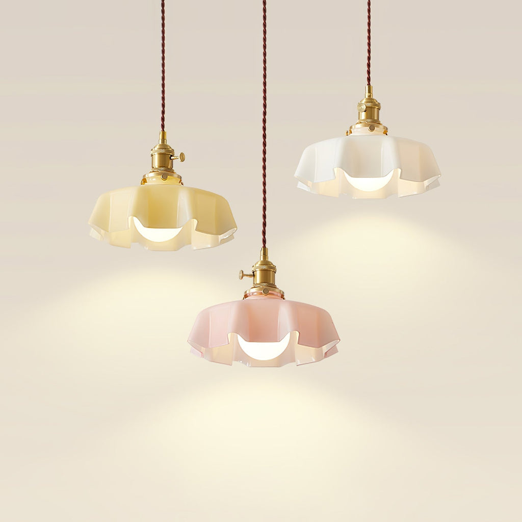 French Ruffled Glass Brass Pendant Light 1-Light