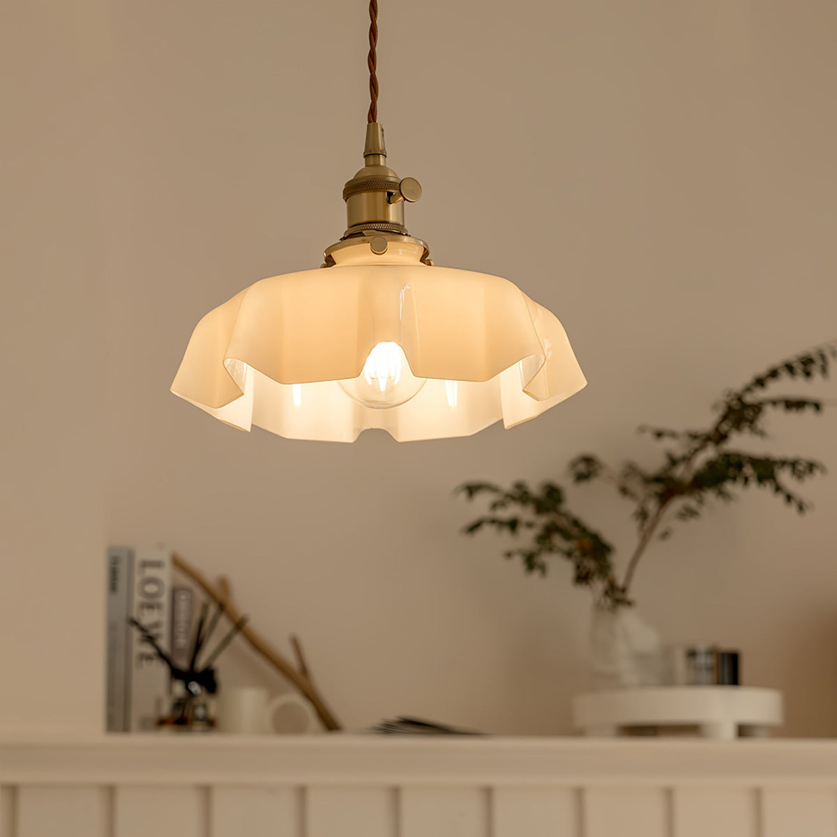 French Ruffled Glass Brass Pendant Light 1-Light