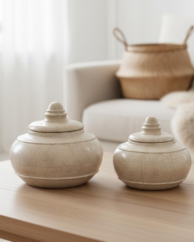 Tarn Neutral Glazed Lidded Pot Decorative Planter