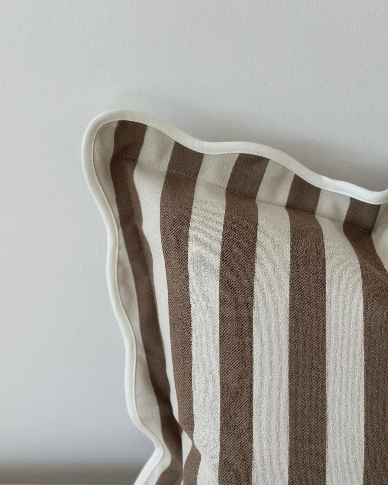 Chloe Brown Square Stripe Scalloped Cushion Cover Sofa Decor