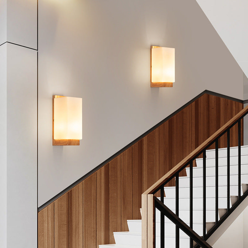 Japanese Wood Glass Rectangle 1-Light LED Wall Sconce Lamp