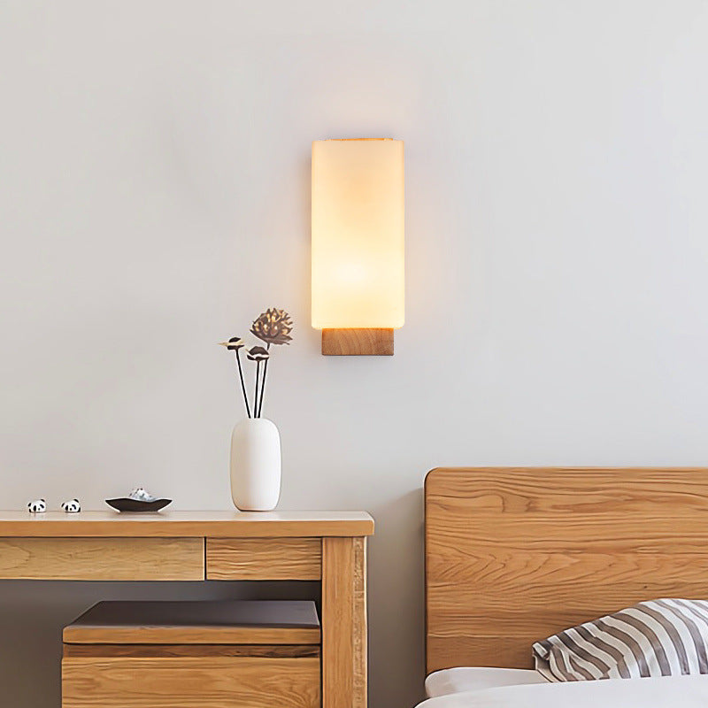 Japanese Wood Glass Rectangle 1-Light LED Wall Sconce Lamp