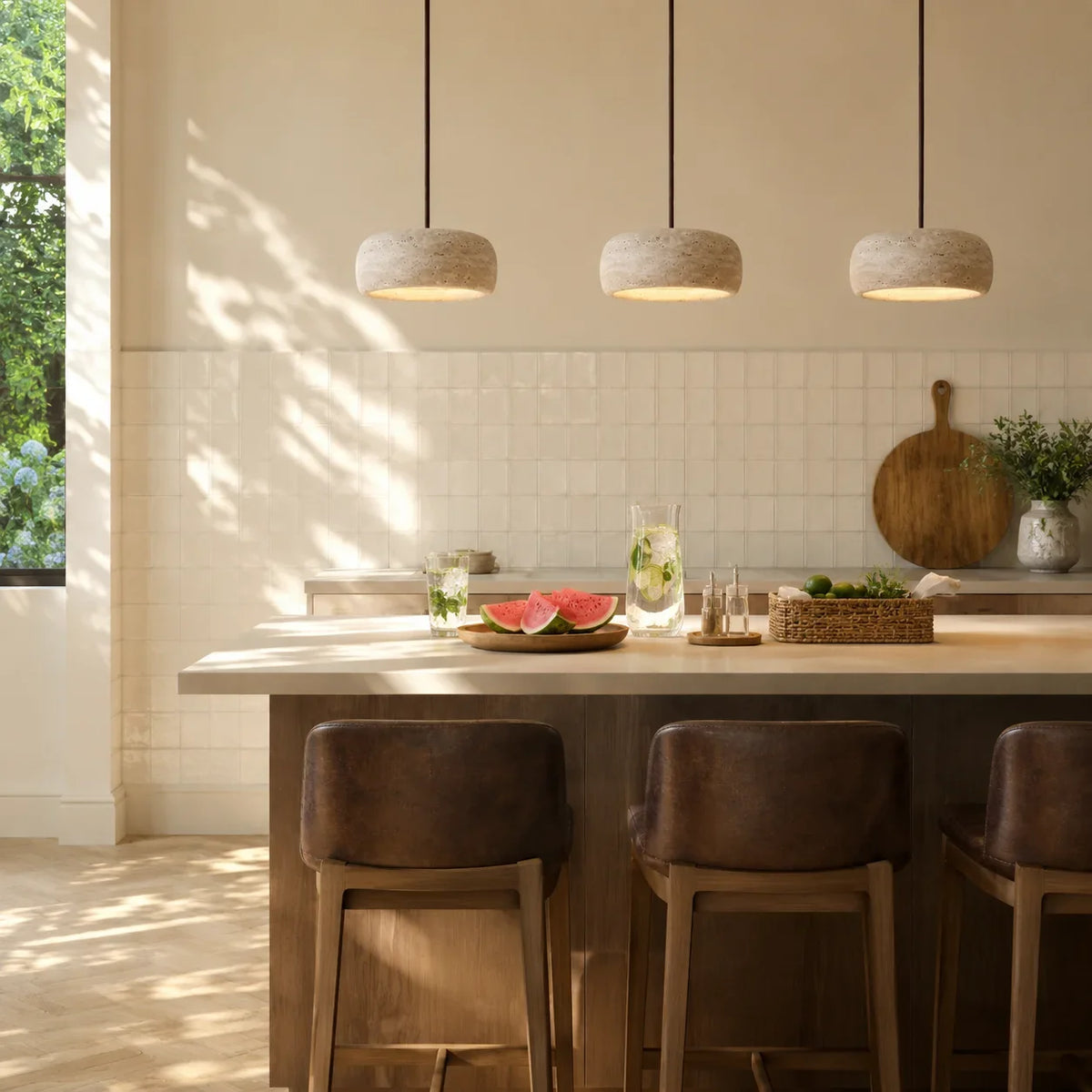 Kairi Natural Travertine Stone Vintage Cream Pendant Light