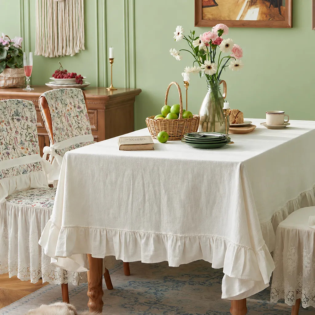 Natural Ruffle Tablecloth Cotton Linen Dining Table Cover