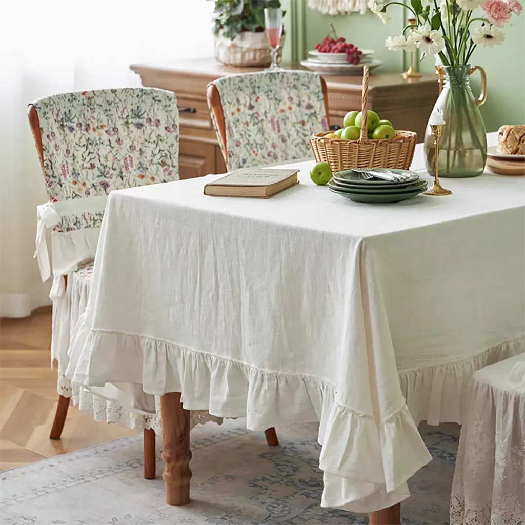 Natural Ruffle Tablecloth Cotton Linen Dining Table Cover