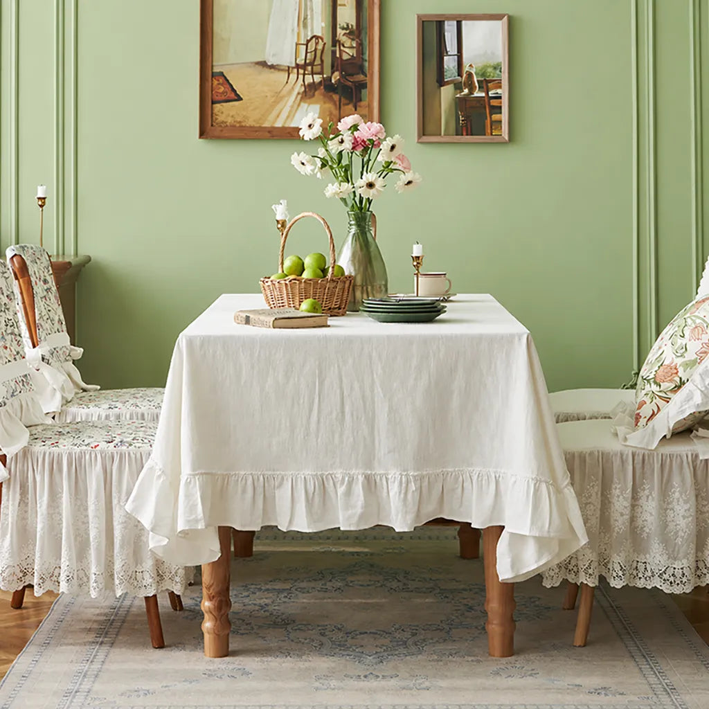Natural Ruffle Tablecloth Cotton Linen Dining Table Cover