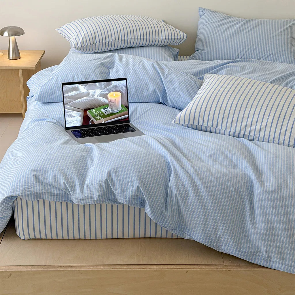 Natural Stripe Bedding Set Cotton Duvet Pillowcase Bed Linen