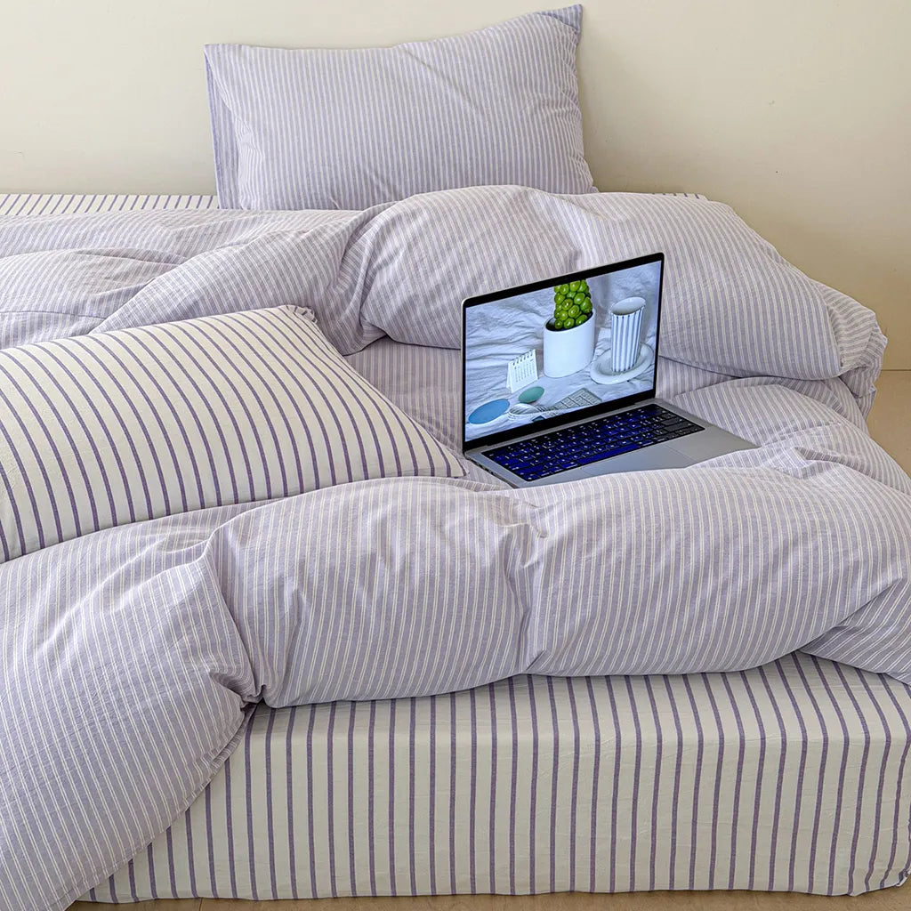 Natural Stripe Bedding Set Cotton Duvet Pillowcase Bed Linen