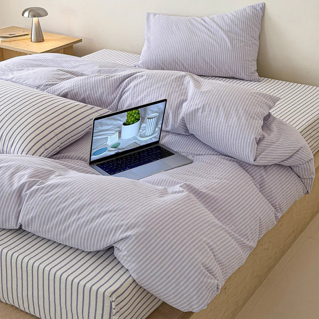 Natural Stripe Bedding Set Cotton Duvet Pillowcase Bed Linen