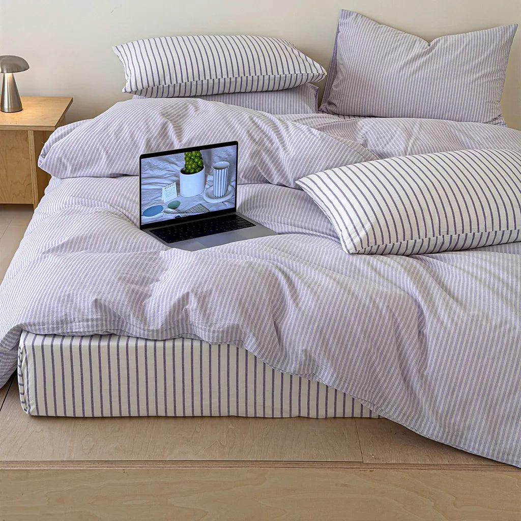 Natural Stripe Bedding Set Cotton Duvet Pillowcase Bed Linen