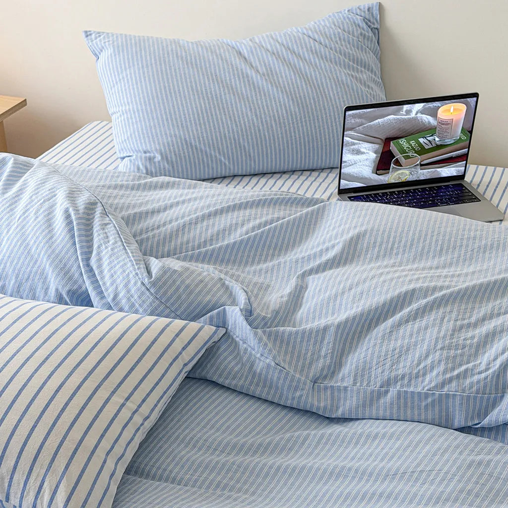 Natural Stripe Bedding Set Cotton Duvet Pillowcase Bed Linen