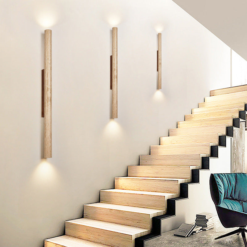 Japandi Travertine Wood Cylinder Wall Sconce LED 1-light