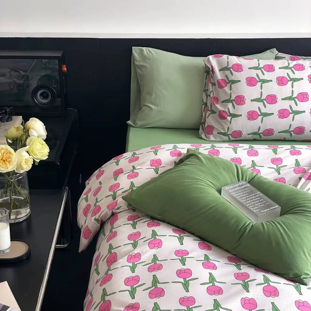 Pink Tulip Floral Bedding Set Cotton Duvet Cover Pillowcase