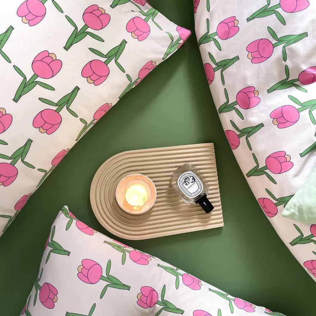 Pink Tulip Floral Bedding Set Cotton Duvet Cover Pillowcase