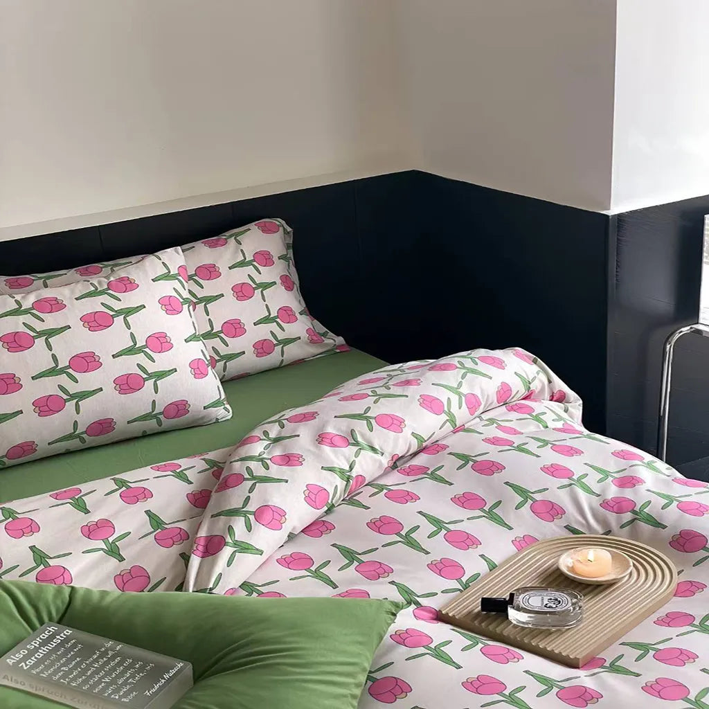 Pink Tulip Floral Bedding Set Cotton Duvet Cover Pillowcase