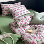 Pink Tulip Floral Bedding Set Cotton Duvet Cover Pillowcase