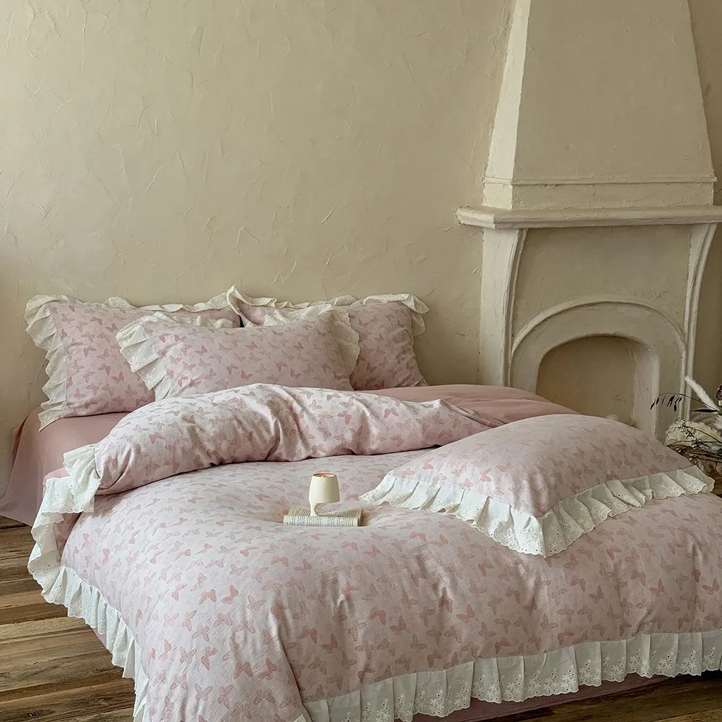 Romantic Butterfly Embroidery Bedding Set Cotton Duvet Cover