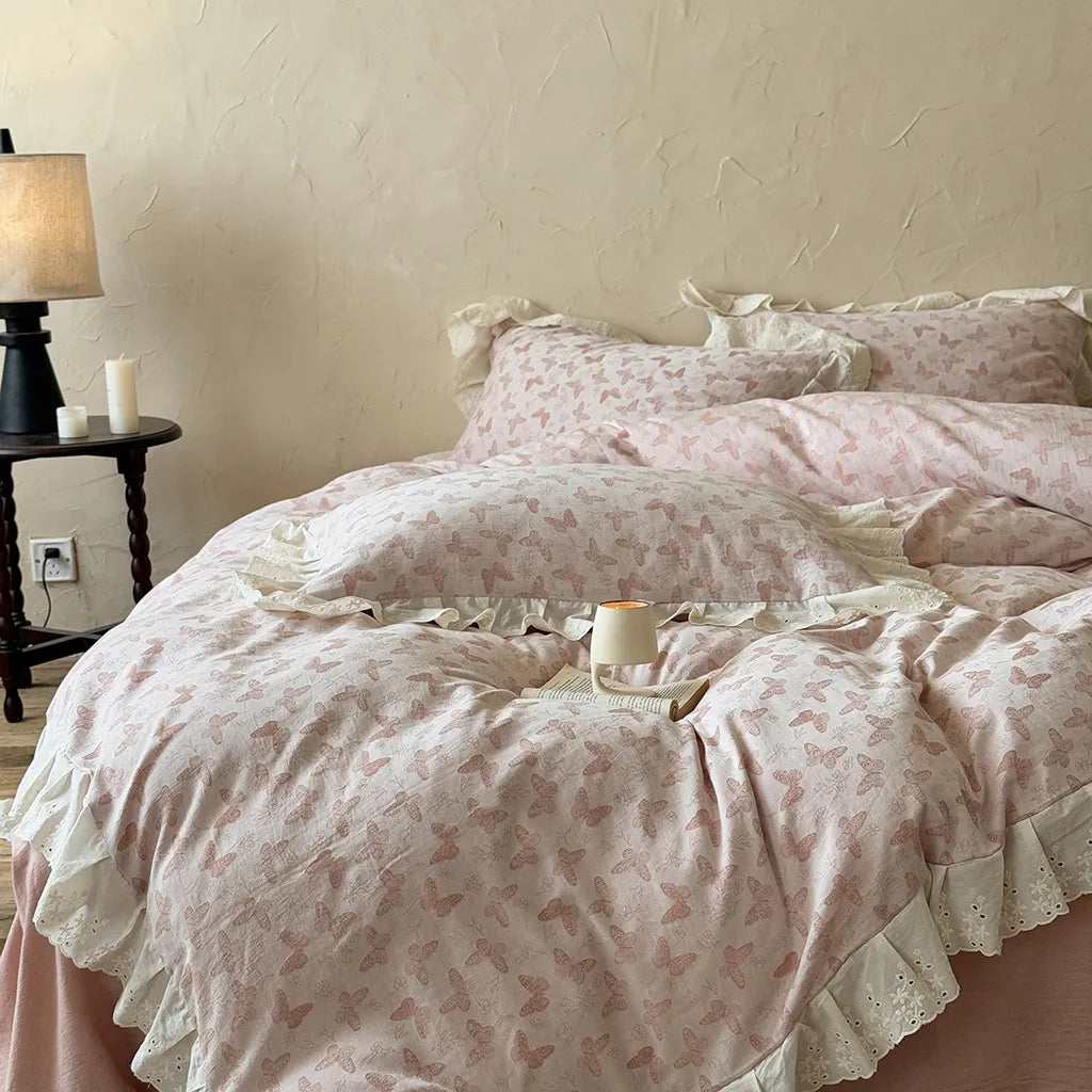 Romantic Butterfly Embroidery Bedding Set Cotton Duvet Cover