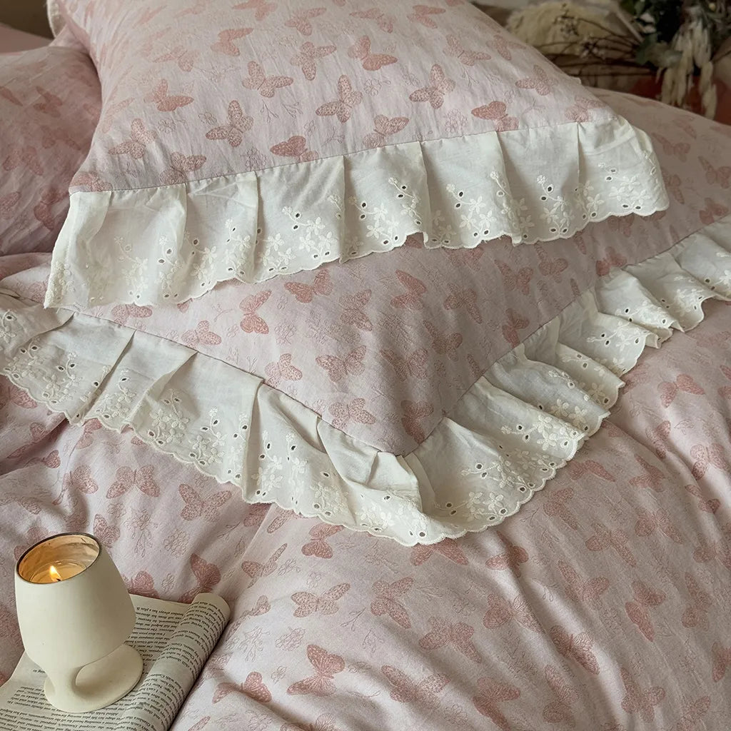 Romantic Butterfly Embroidery Bedding Set Cotton Duvet Cover