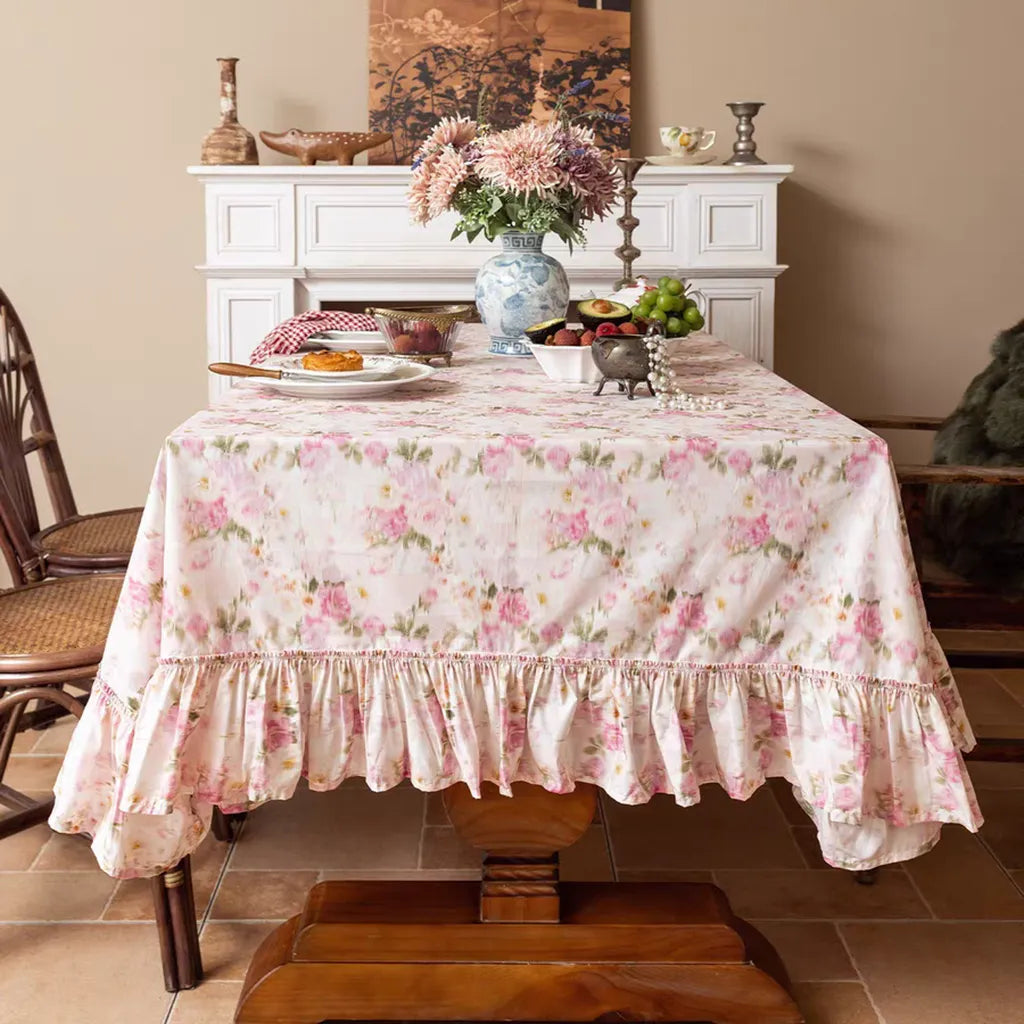 Romantic Floral Ruffle Tablecloth Cotton Linen Dining Table Cover