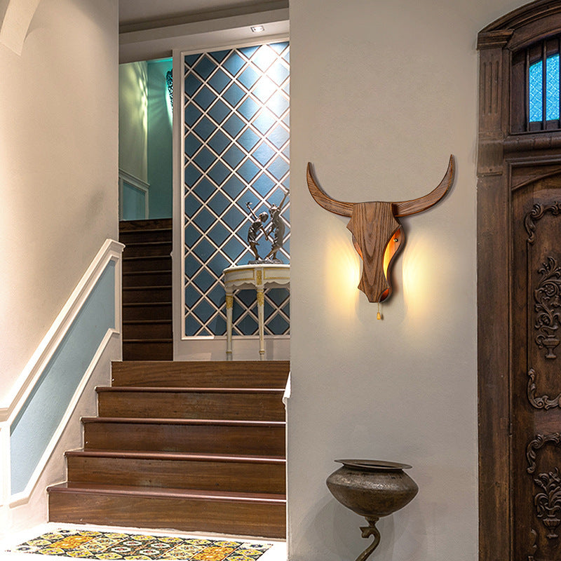 Rustic Wood Bull Head LED Wall Sconce Lamp 1-Light