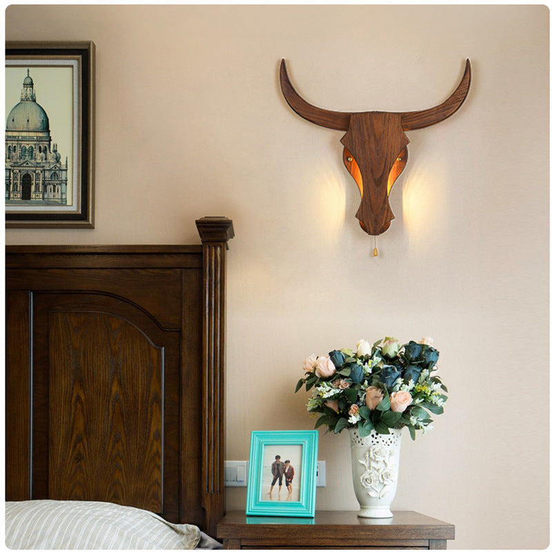 Rustic Wood Bull Head LED Wall Sconce Lamp 1-Light
