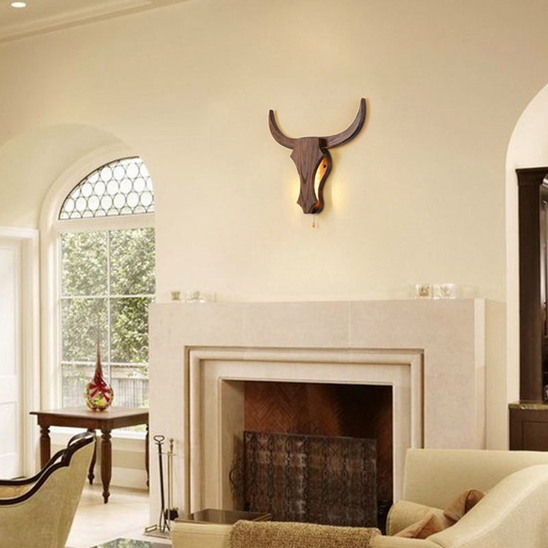 Rustic Wood Bull Head LED Wall Sconce Lamp 1-Light