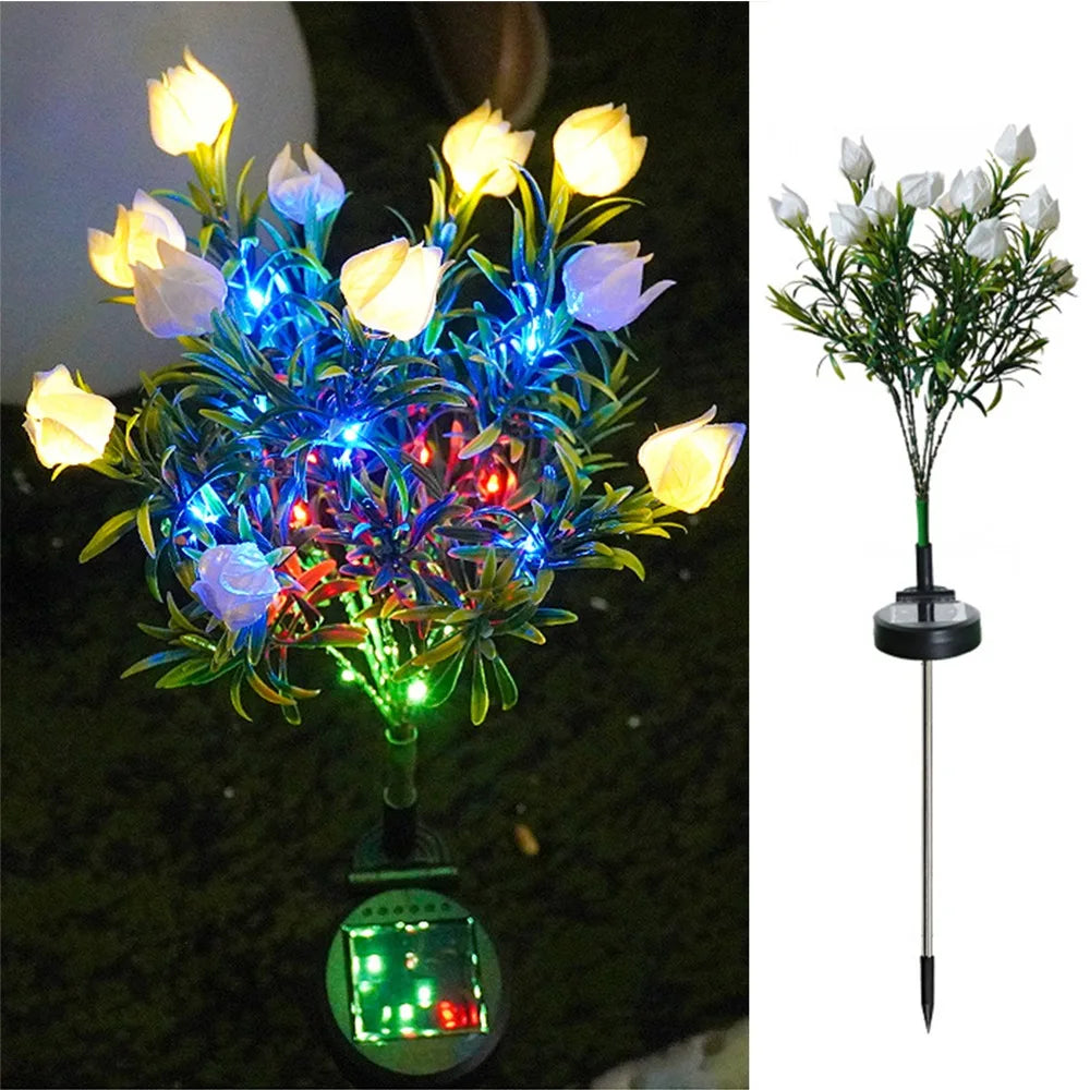Solar‑Powered Gardenia Flower Stake Lights, Multi‑Color Changing Waterproof Realistic Ground‑Mounted Outdoor Landscape Lamps