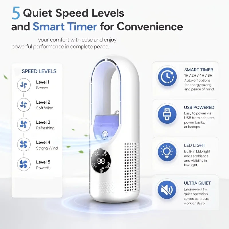 Multifunctional Portable USB Bladeless Tower Fan Desktop Silent