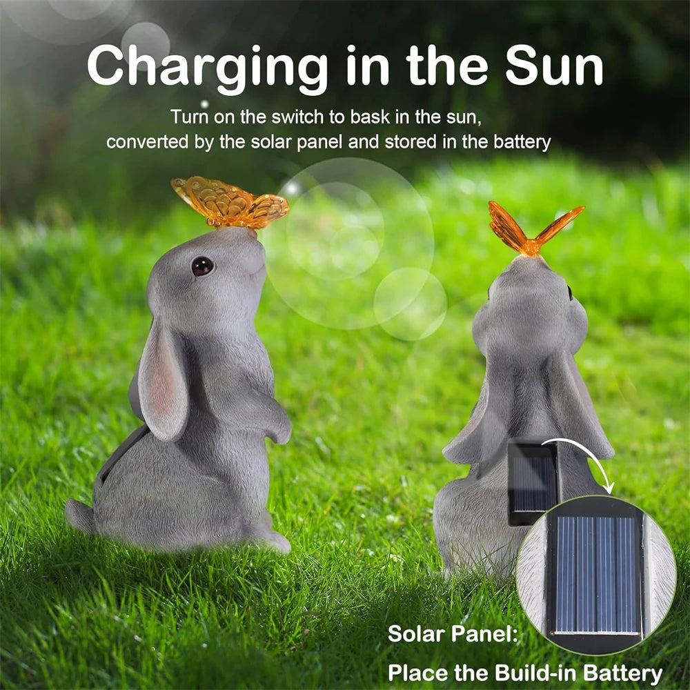 Solar Bunny Garden Statue LED Butterfly Light Resin Animal Figurine Outdoor Decor