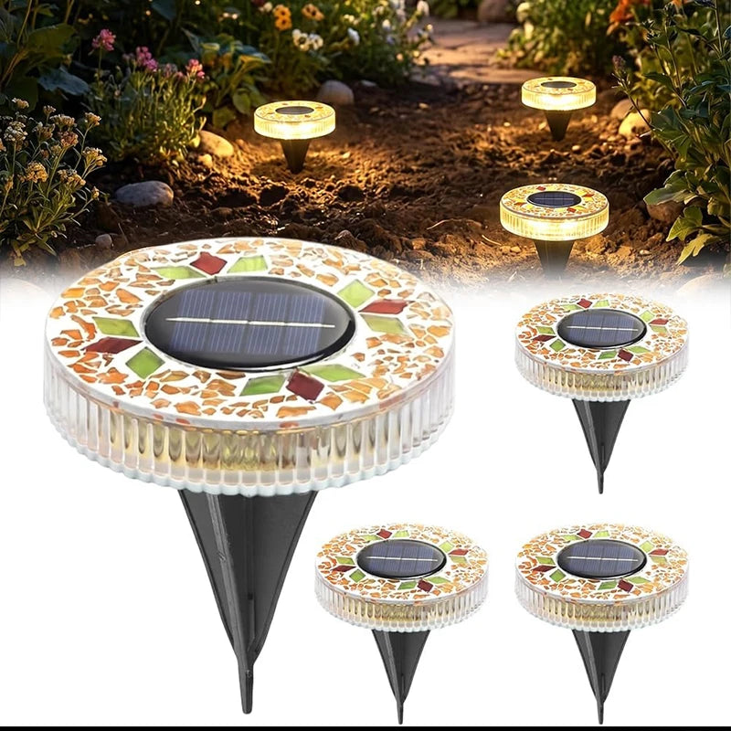 Mosaic Solar Disk Light Outdoor Glass Garden Stake Colorful Decorative Pathway LED