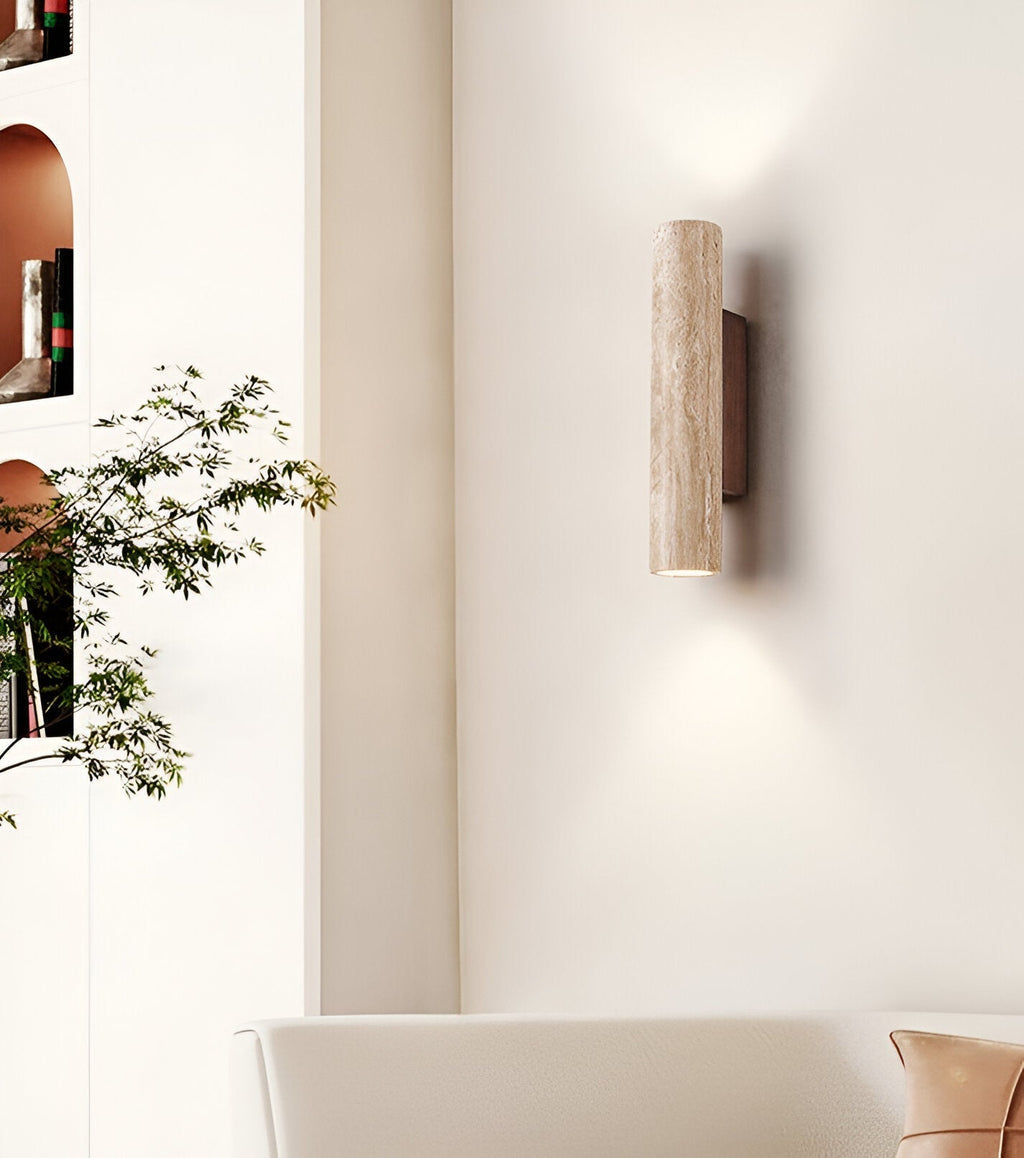 Japandi Travertine Wood Cylinder Wall Sconce LED 1-light