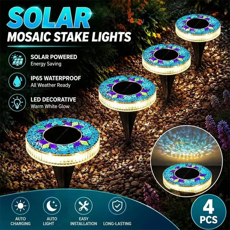 Mosaic Solar Disk Light Outdoor Glass Garden Stake Colorful Decorative Pathway LED