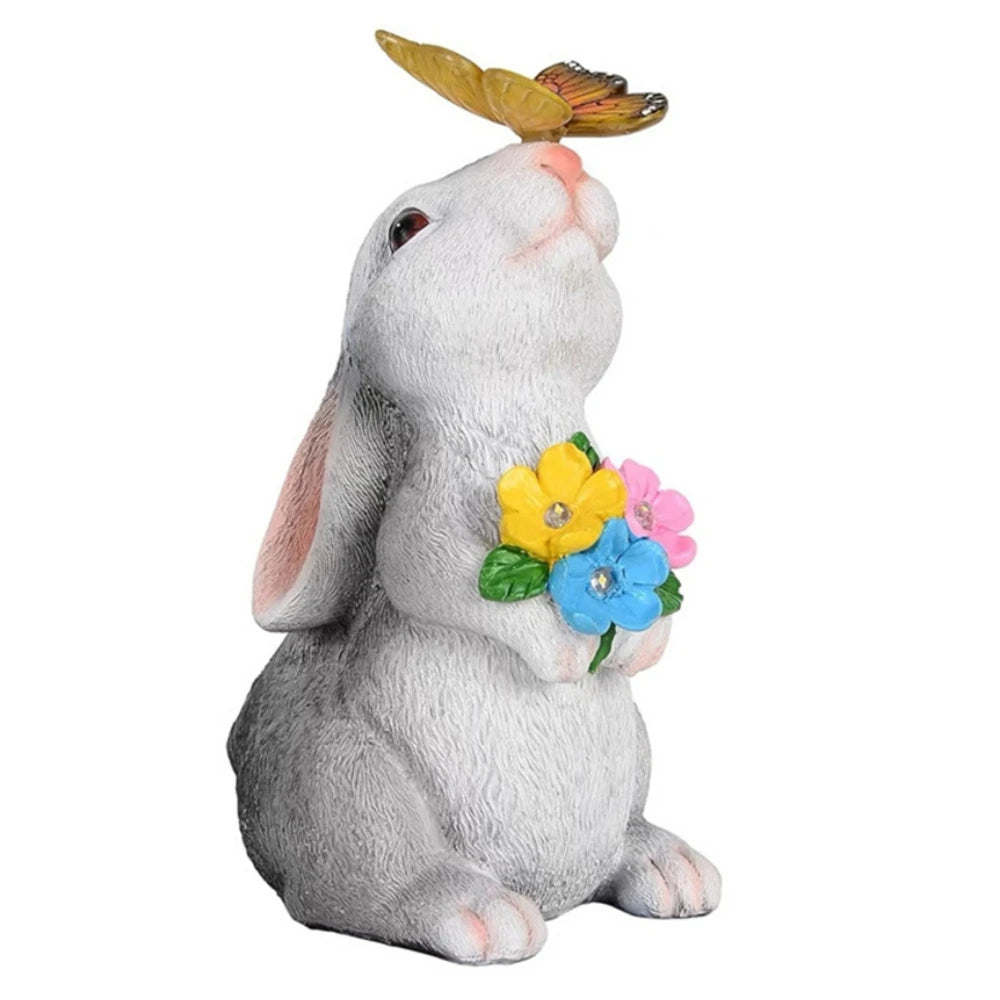 Solar Bunny Garden Statue LED Butterfly Light Resin Animal Figurine Outdoor Decor