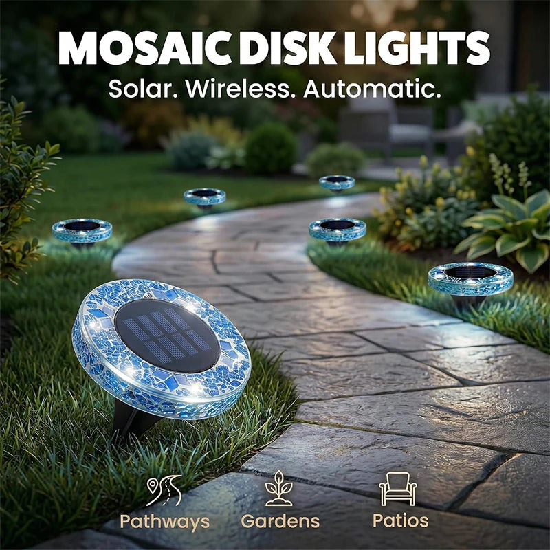 Mosaic Solar Disk Light Outdoor Glass Garden Stake Colorful Decorative Pathway LED