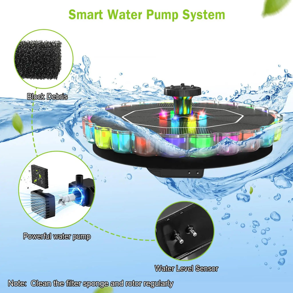 Solar Bird Bath Fountain 3.5W LED Ring Light Outdoor Pond Pool Patio Garden Pump