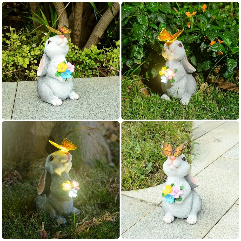 Solar Bunny Garden Statue LED Butterfly Light Resin Animal Figurine Outdoor Decor