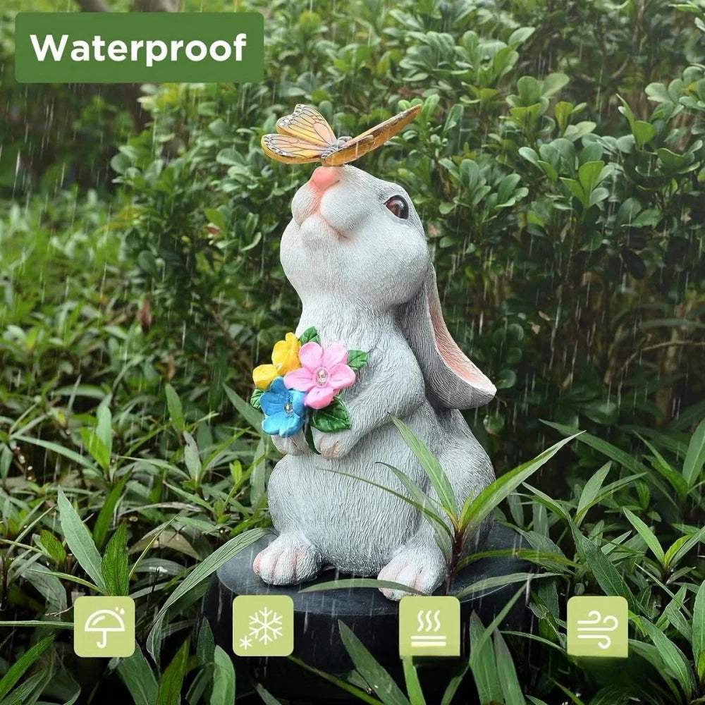 Solar Bunny Garden Statue LED Butterfly Light Resin Animal Figurine Outdoor Decor