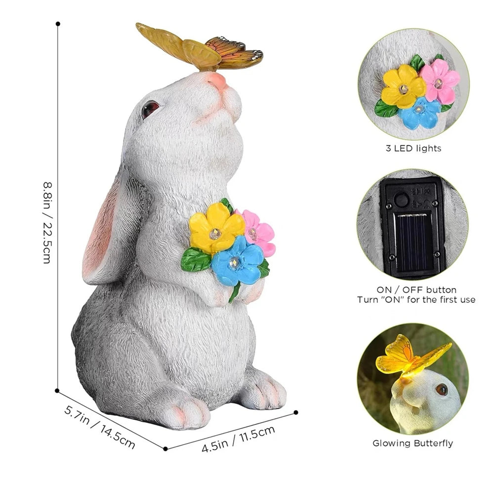 Solar Bunny Garden Statue LED Butterfly Light Resin Animal Figurine Outdoor Decor