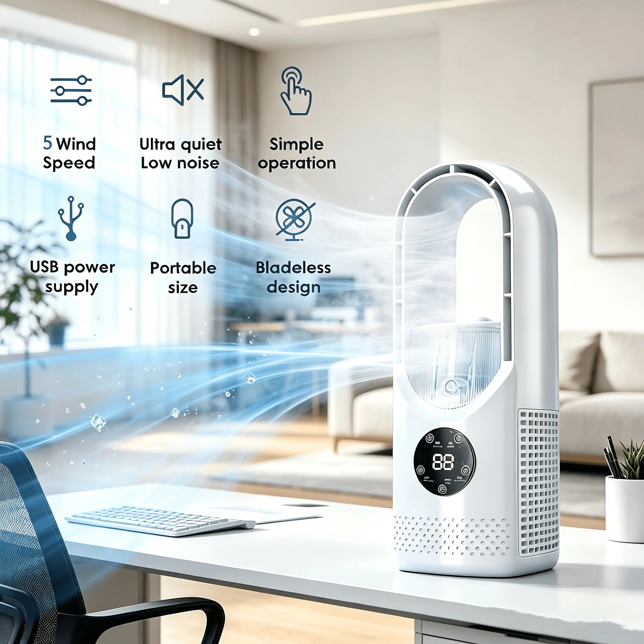 Multifunctional Portable USB Bladeless Tower Fan Desktop Silent