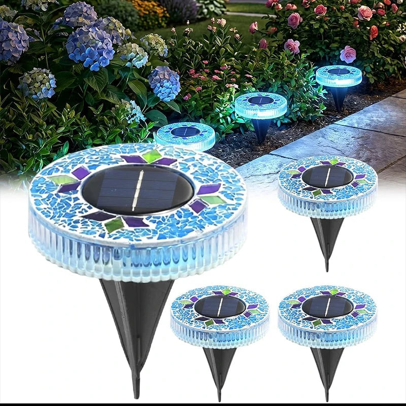 Mosaic Solar Disk Light Outdoor Glass Garden Stake Colorful Decorative Pathway LED