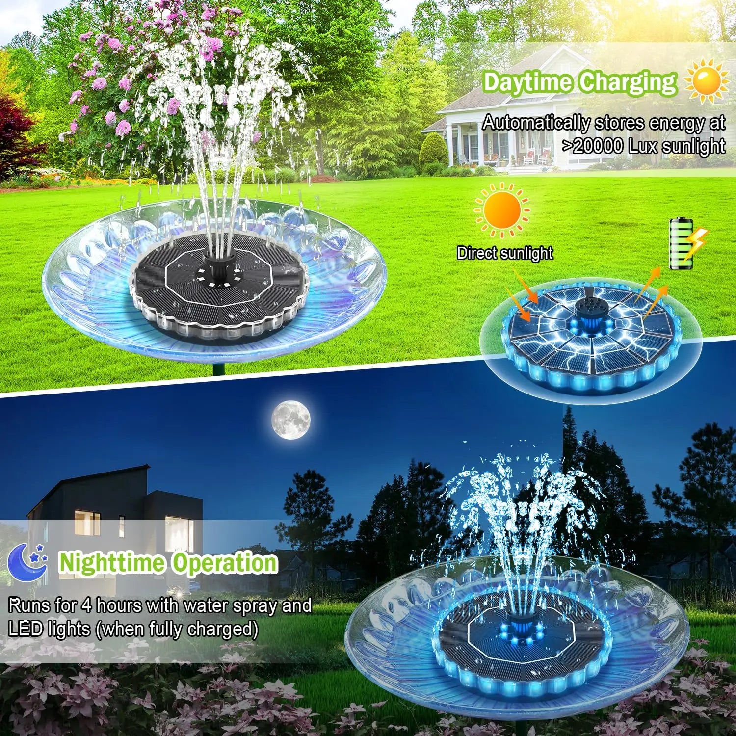 Solar Bird Bath Fountain 3.5W LED Ring Light Outdoor Pond Pool Patio Garden Pump