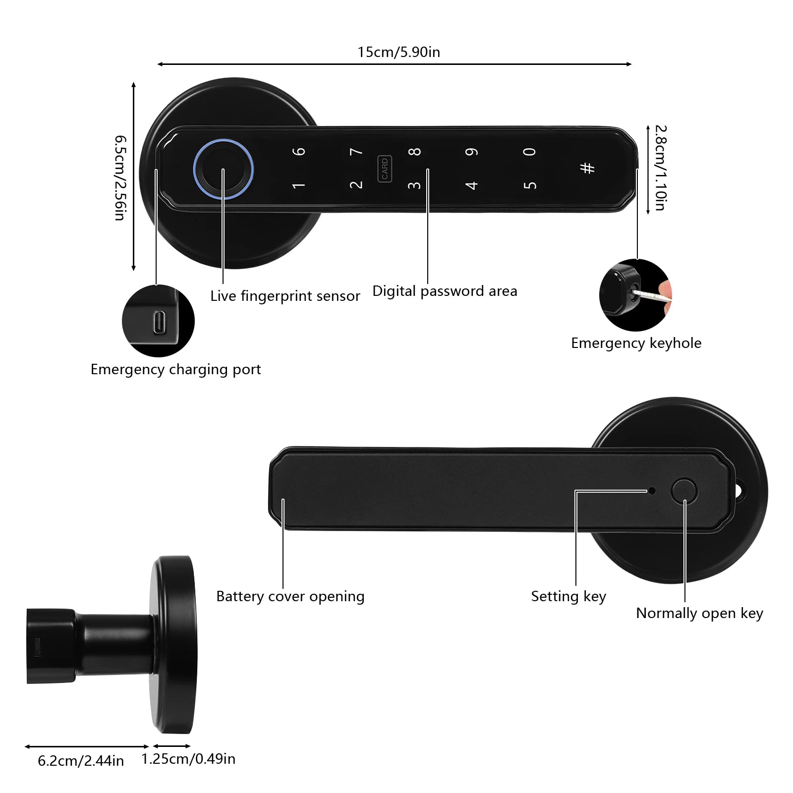 Smart Door Handle Lock Fingerprint Password IC Card Key Type-C