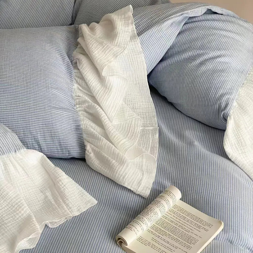 Soft Ruffle Stripe Duvet Cover Cotton Bedding Bedroom Decor