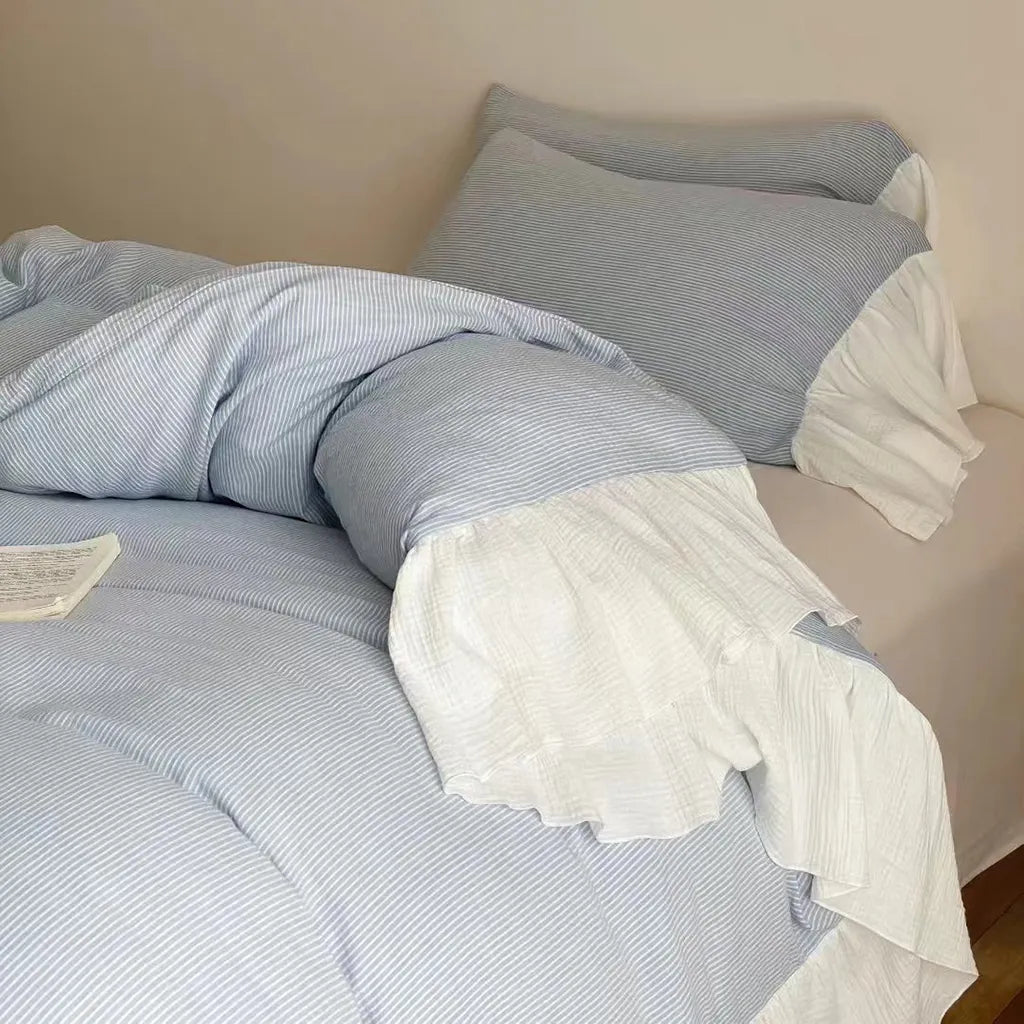 Soft Ruffle Stripe Duvet Cover Cotton Bedding Bedroom Decor