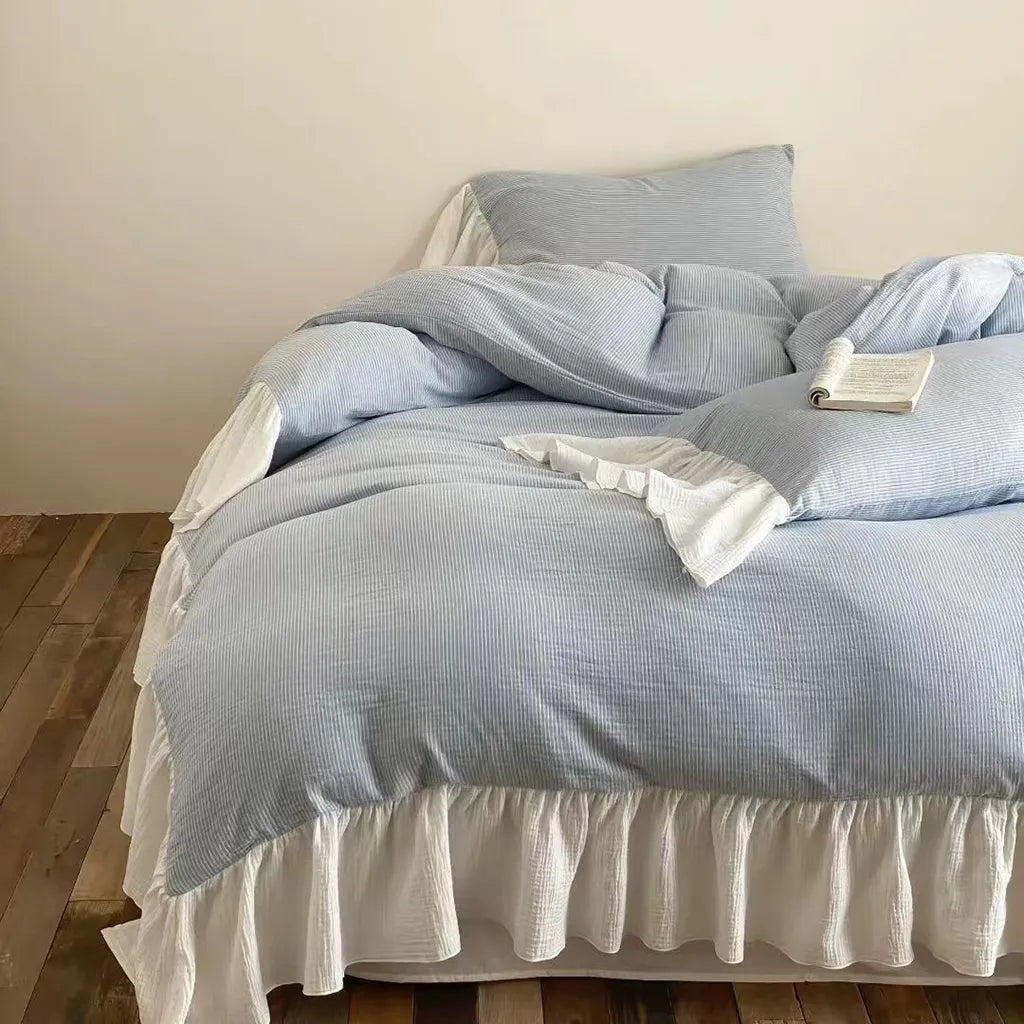Soft Ruffle Stripe Duvet Cover Cotton Bedding Bedroom Decor