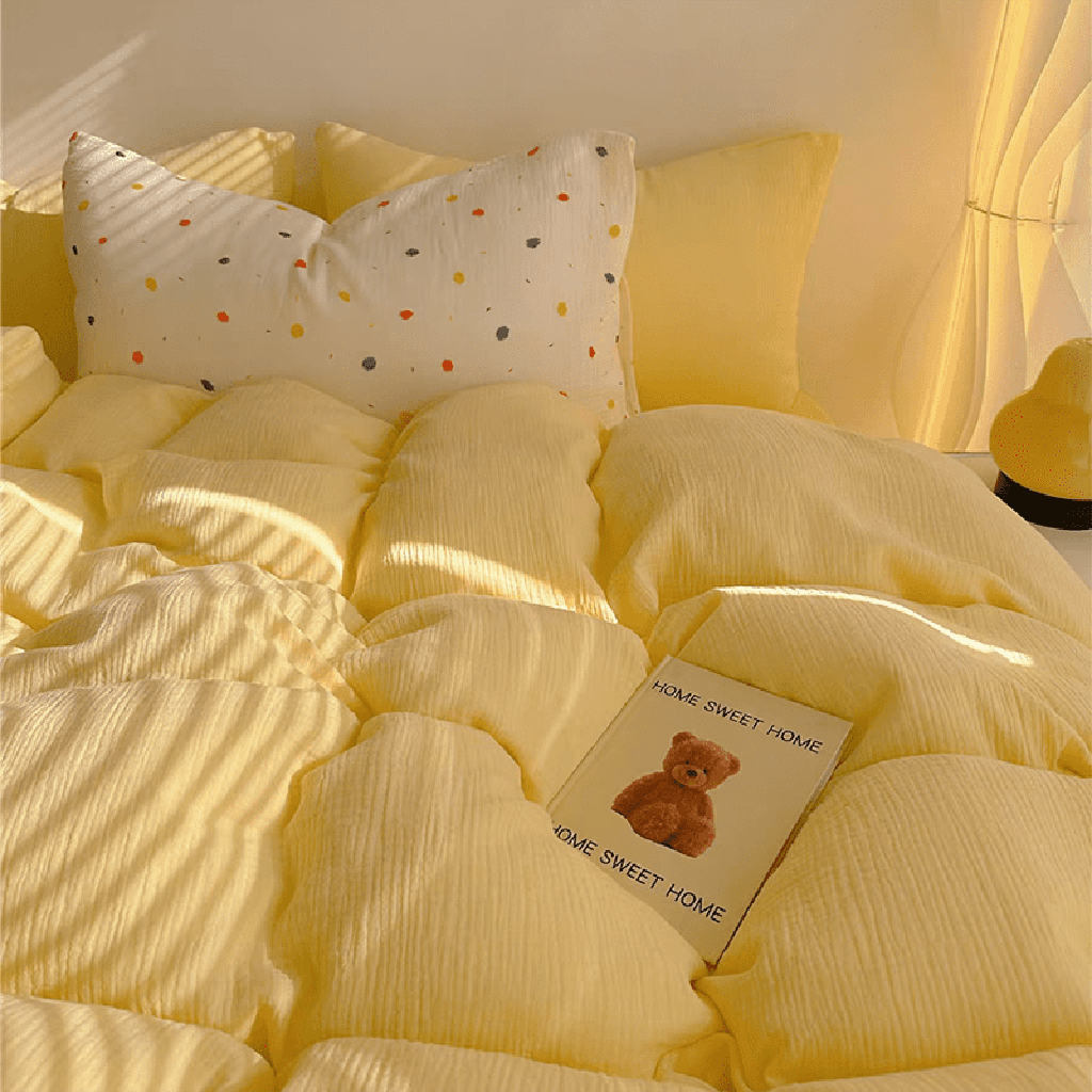 Texture Pastel Yellow Bedding Set Cotton Duvet Cover Pillowcase