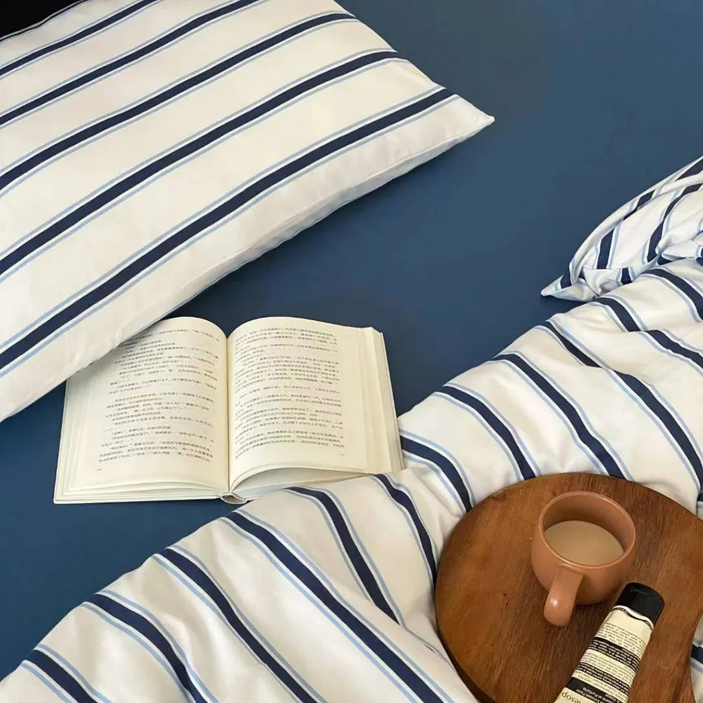 Ticking Stripe Jersey Bedding Set Soft Cotton Duvet Pillowcase